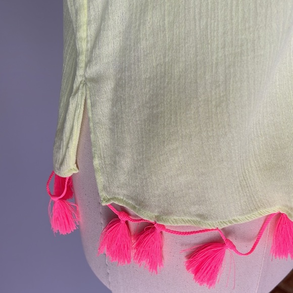 Lilly Pulitzer Neon Yellow Blouse Pink Embroidery with Tassels - Picture 5 of 7